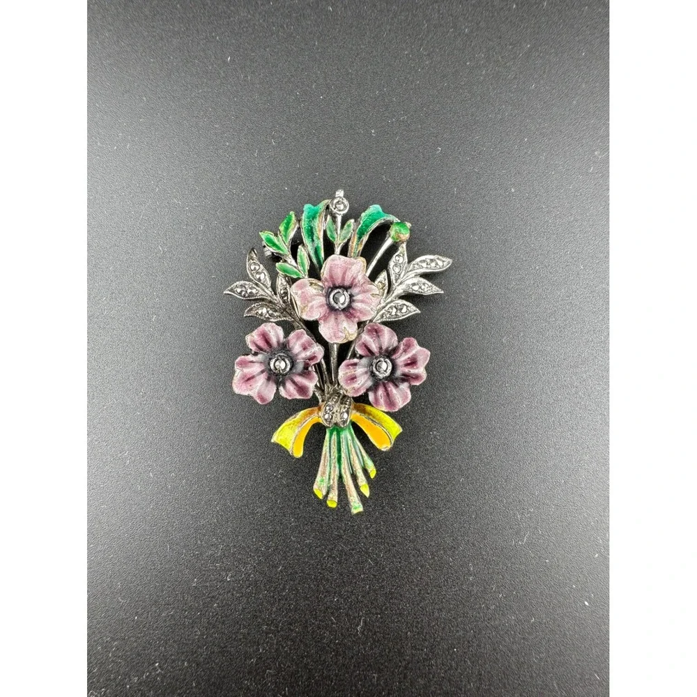 Vintage Art Deco 1920s Sterling Silver Marcasite Enamel Flower Bouquet Brooch